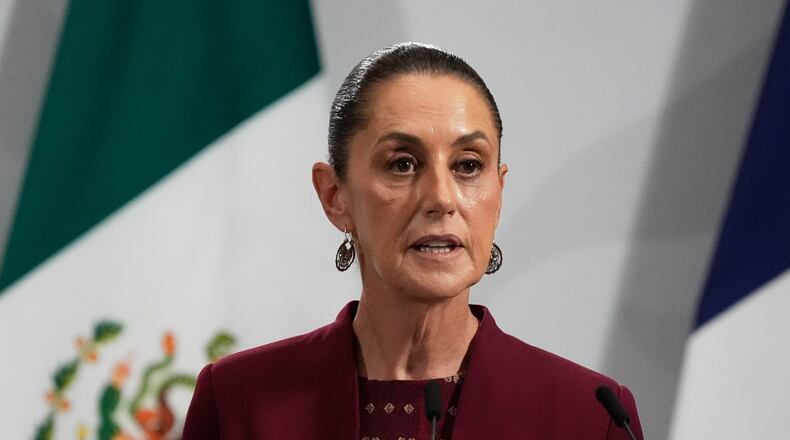 FILE - Mexican President Claudia Sheinbaum speaks at the National Palace in Mexico City, Nov. 7, 2025. (AP Photo/Marco Ugarte, File)