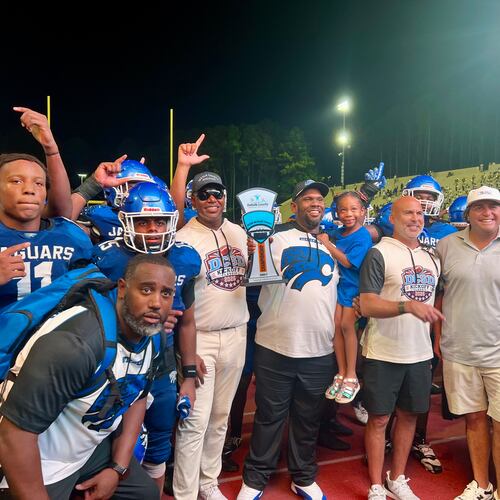 Stephenson celebrates after defeating Southwest DeKalb 29-7 in the DeKalb Kickoff Classic on Saturday, Aug. 22, 2026. (McClain Baxley for the AJC)