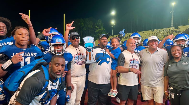 Stephenson celebrates after defeating Southwest DeKalb 29-7 in the DeKalb Kickoff Classic on Saturday, Aug. 22, 2026. (McClain Baxley for the AJC)