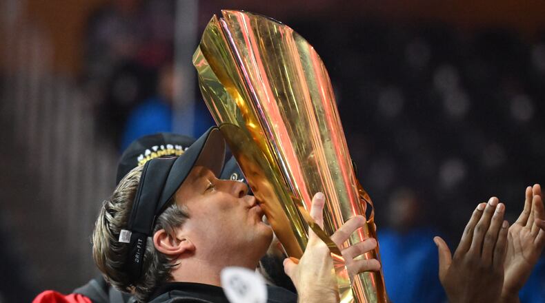 Georgia's head coach Kirby Smart celebrates their victory during the 2023 College Football Playoff National Championship game against TCU at SoFi Stadium, Monday, Jan. 9, 2023, in Inglewood, California. (Hyosub Shin / Hyosub.Shin@ajc.com)