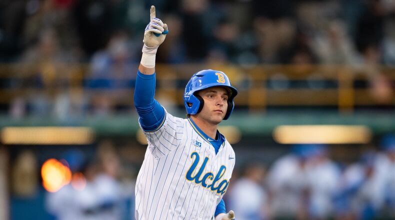FILE - UCLA's Roch Cholowsky reacts after hitting a home run during an NCAA baseball game against Texas Christian, Feb. 20, 2025, in Los Angeles. (AP Photo/Kyusung Gong, File)