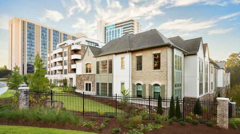 The Lenbrook senior living complex in Buckhead today includes two high-rise buildings, seen in the background, and the Kingsboro at Lenbrook, independent residences called Flats and Villa. (Courtesy Lenbrook)