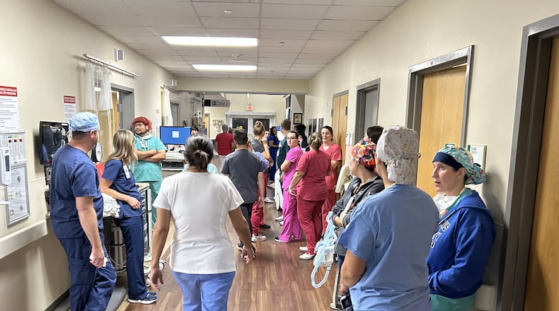 The eye of Hurricane Helene passed directly over South Georgia Medical Center in Valdosta. Staff waited in the hallway and away from windows at about 3:30 a.m. Friday Sept. 27, 2024. (Photo courtesy of South Georgia Medical Center)