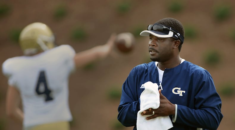 Former Georgia Tech star quarterback Joe Hamilton watches the wide receivers during a 2016 Georgia Tech football practice. (AJC file photo/Johnny Crawford)