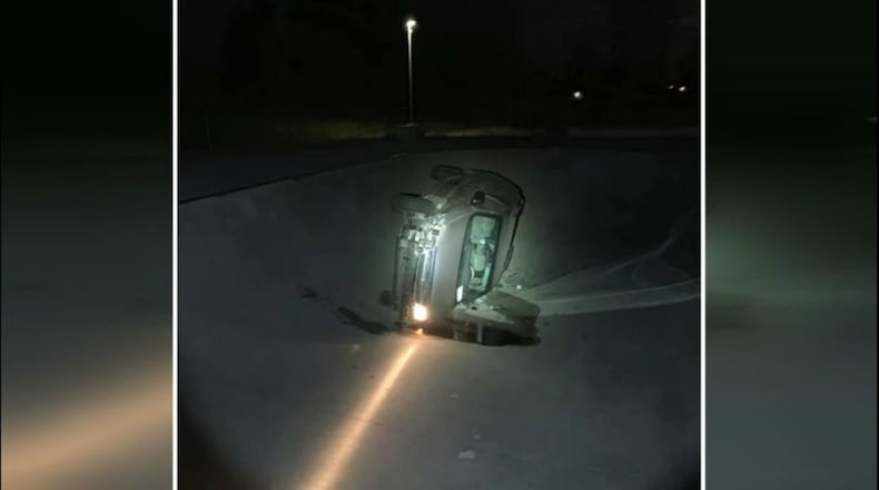 Police are searching for the driver of a minivan who crashed through the fence of the Walter E. Hall skate park Wednesday night and fell into the steep concrete skate bowl, crashing sideways on the bottom.