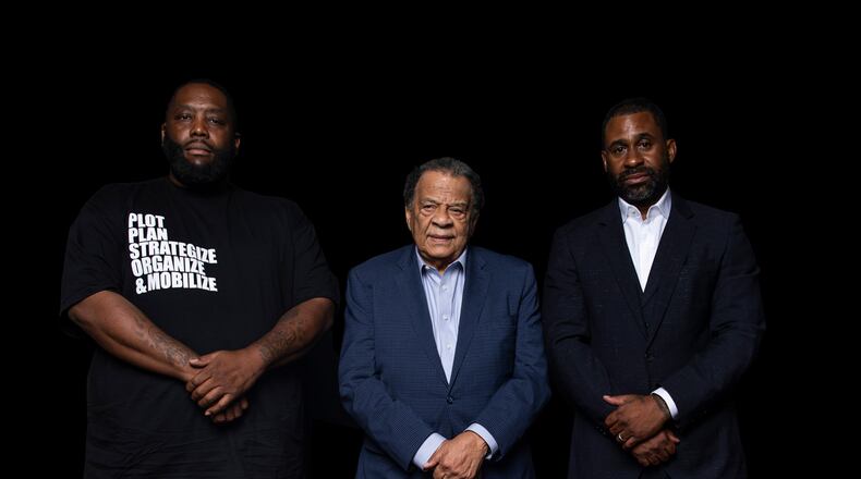 Left to right: Michael Render, also known as Killer Mike, former Atlanta Mayor Andrew J. Young and businessman Ryan Glover, cofounders of Greenwood.