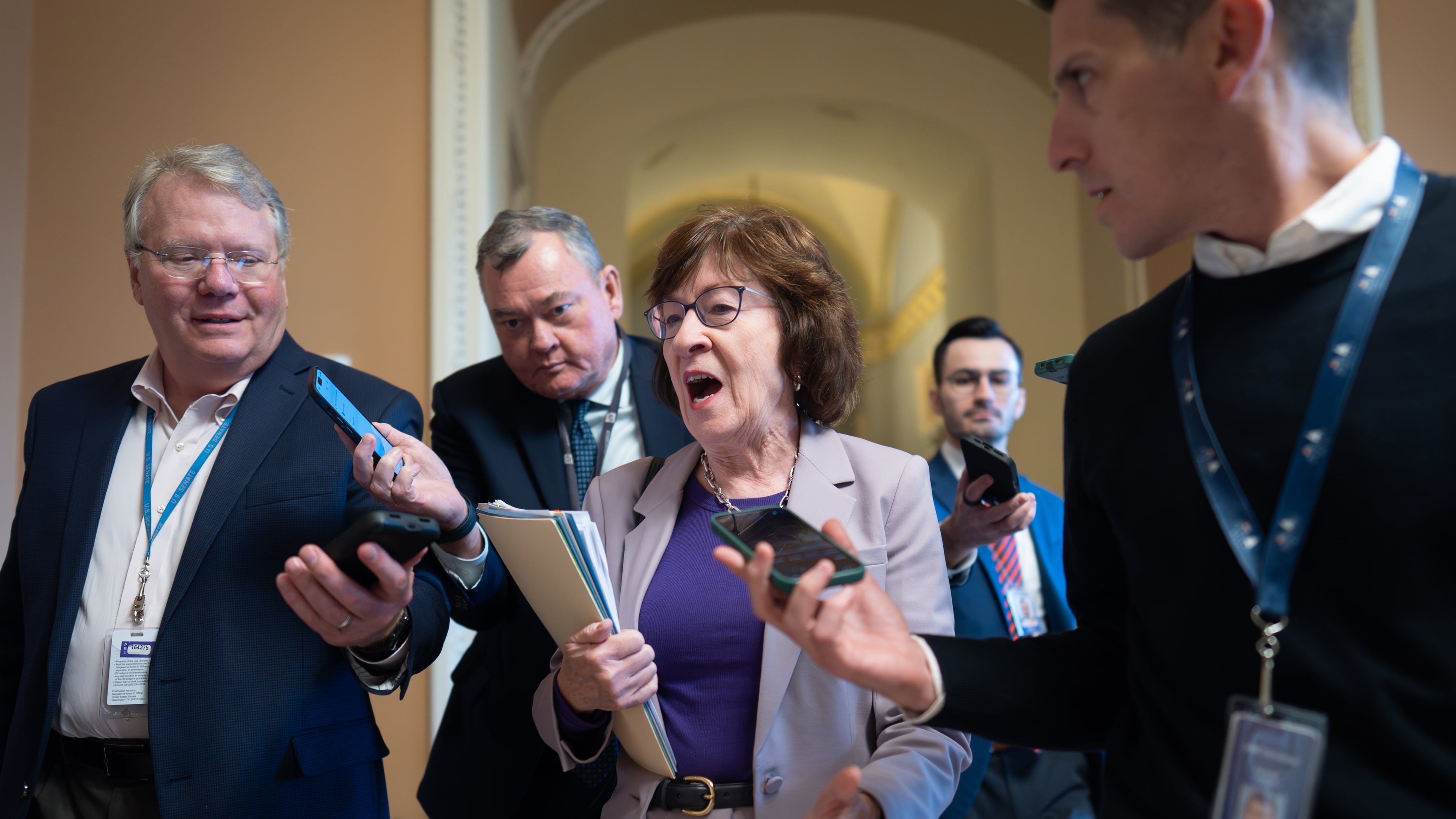 Sen. Susan Collins, R-Maine, chair of the Senate Appropriations Committee, arrives to meet with fellow Republicans behind closed doors to discuss proposals on ending the government shutdown, at the Capitol in Washington, Friday, Nov. 7, 2025. (AP Photo/J. Scott Applewhite)