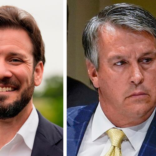 FILE - This combination of photos shows Republican candidates for U.S. Senate Jared Hudson, left, on May 7, 2026, in Enterprise, Ala., and Rep. Barry Moore, right, on April 17, 2023, in New York. (AP Photo, File)