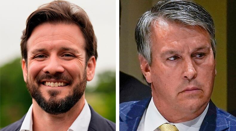 FILE - This combination of photos shows Republican candidates for U.S. Senate Jared Hudson, left, on May 7, 2026, in Enterprise, Ala., and Rep. Barry Moore, right, on April 17, 2023, in New York. (AP Photo, File)