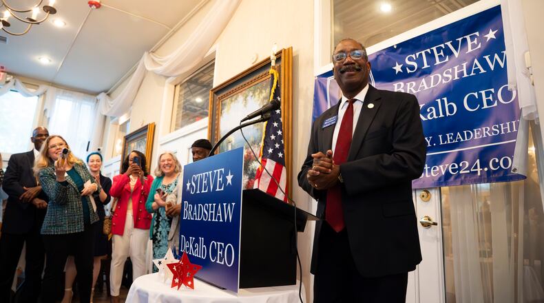Steve Bradshaw, District 4 Commissioner, gives a speech thanking his supporters at a campaign event at Petit Violette in Atlanta, Georgia on Wednesday, April 10, 2024. (Olivia Bowdoin for the AJC).