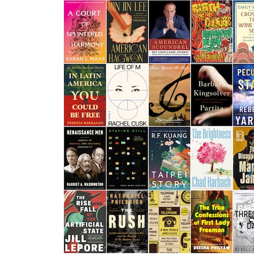 This combination of images show, top row from left, "A Court of Splintered Harmony" by Sarah J. Maas, "American Hagwon" by Min Jin Lee, "American Scoundrel" by Kai Bird, "Birth of a Culture" by Grandmaster Flash with Scoop Jackson, "Crossing the Wine-Dark Sea" by Emily Wilson, "Exit Party," by Emily St. John Mandel, second row from left, "In Latin America You Could Be Free" by Yesenia Barragan, "Life of M" by Rachel Cusk, "Music Against the Night" by Yiyun Li, "Partita" by Barbara Kingsolver, "Peculiar Stars" by Rebecca Yarros, "Ply" by Hernan Diaz, third row from left, "Renaissance Men" by Harriet A Washington, "Staying Still" by Hieu Minh Nguyen, "Taipei Story" by R.F. Kuang, "The Brightness" by Chad Harbach, "The Disappearers" by Marlon James, "The French Illusion" by John Grisham, bottom row from left, "The Rise and Fall of the Artificial State" by Jill Lepore, "The Rush" by Nathaniel Philbrick, "The Telephone" by James Gleick, "The True Confessions of First Lady Freeman" by Deeshaw Philyaw, "Threshing Day" by Rebecca Yarros, and "The Witches of Cambridge" by Alice Hoffman. (AP Photo)