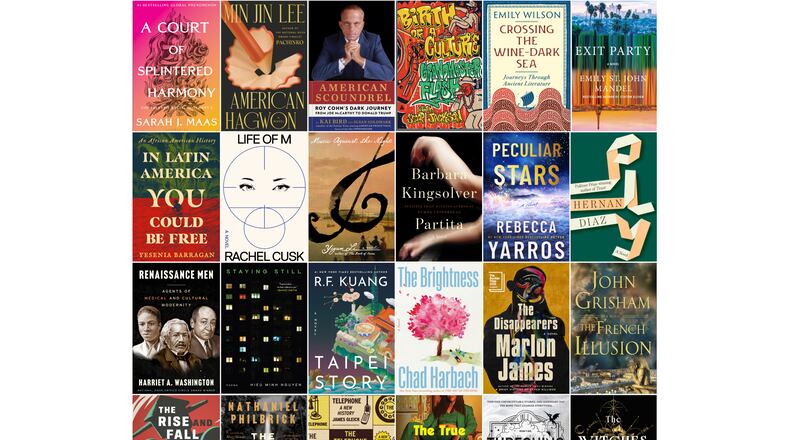 This combination of images show, top row from left, "A Court of Splintered Harmony" by Sarah J. Maas, "American Hagwon" by Min Jin Lee, "American Scoundrel" by Kai Bird, "Birth of a Culture" by Grandmaster Flash with Scoop Jackson, "Crossing the Wine-Dark Sea" by Emily Wilson, "Exit Party," by Emily St. John Mandel, second row from left, "In Latin America You Could Be Free" by Yesenia Barragan, "Life of M" by Rachel Cusk, "Music Against the Night" by Yiyun Li, "Partita" by Barbara Kingsolver, "Peculiar Stars" by Rebecca Yarros, "Ply" by Hernan Diaz, third row from left, "Renaissance Men" by Harriet A Washington, "Staying Still" by Hieu Minh Nguyen, "Taipei Story" by R.F. Kuang, "The Brightness" by Chad Harbach, "The Disappearers" by Marlon James, "The French Illusion" by John Grisham, bottom row from left, "The Rise and Fall of the Artificial State" by Jill Lepore, "The Rush" by Nathaniel Philbrick, "The Telephone" by James Gleick, "The True Confessions of First Lady Freeman" by Deeshaw Philyaw, "Threshing Day" by Rebecca Yarros, and "The Witches of Cambridge" by Alice Hoffman. (AP Photo)