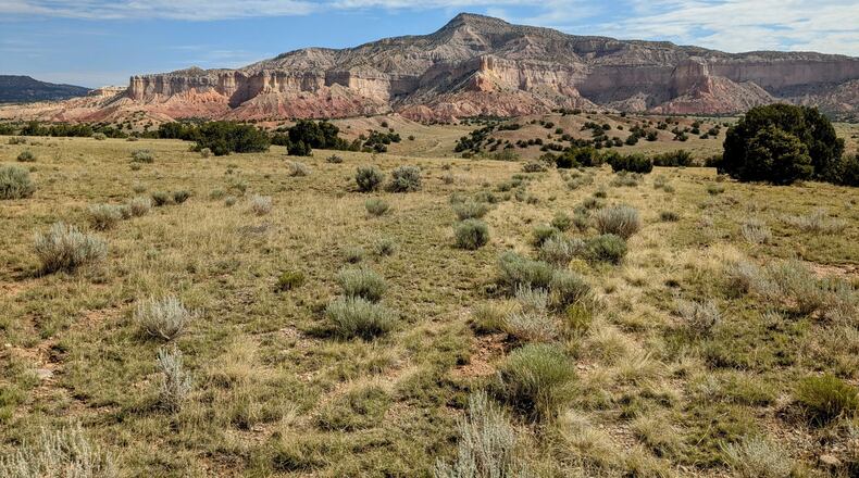 In this photo provided by Jonathan Hayden is the Ghost Ranch landscape, on July 18, 2025, near Abiguiu, N.M. A new conservation agreement announced Tuesday, Dec. 9, preserves land with breathtaking desert vistas in New Mexico near Abiquiu that inspired the work of 20th century painter Georgia O'Keeffe. (Jonathan Hayden via AP)
