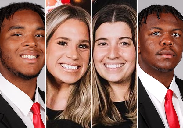 From left: Georgia offensive lineman Devon Willock, recruiting analysts Chandler LeCroy and Tory Bowles and offensive lineman Warren McClendon. Willock and LeCroy died in a Jan. 15 car crash that injured Bowles and McClendon.