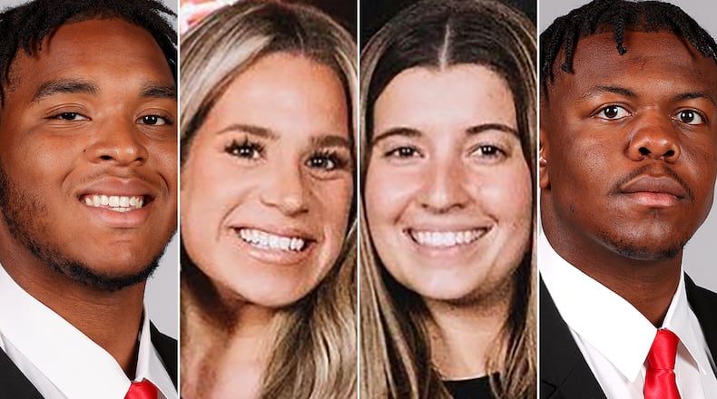 UGA offensive linemen Devon Willock, from left, UGA recruiting analyst Chandler LeCroy, recruiting staffmember Tory Bowles and offensive linemen Warren McClendon were involved in an accident Jan. 15, 2023. Willock and LeCroy were killed. Bowles suffered serious injuries and McClendon had minor injuries.