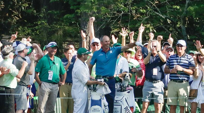 Matt Kuchar reacts after his hole in one on the 16th hole during the final round of the Masters golf tournament Sunday, April 9, 2017, in Augusta, Ga. (AP Photo/Matt Slocum)