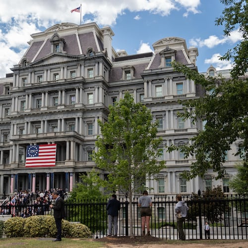 The Eisenhower Executive Office Building is seen as President Donald Trump speaks during an event to announce the Freedom Haulers initiative at the White House, Thursday, July 30, 2026, in Washington. (AP Photo/Julia Demaree Nikhinson)