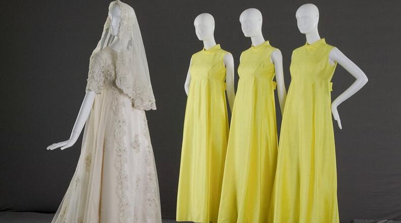 Wedding dress and bridesmaid dresses,circa 1970. Bridesmaids are supposed to dress in the same outfit, but a group of women in Australia, to their horror, showed up at a wedding last weekend wearing the same dress.