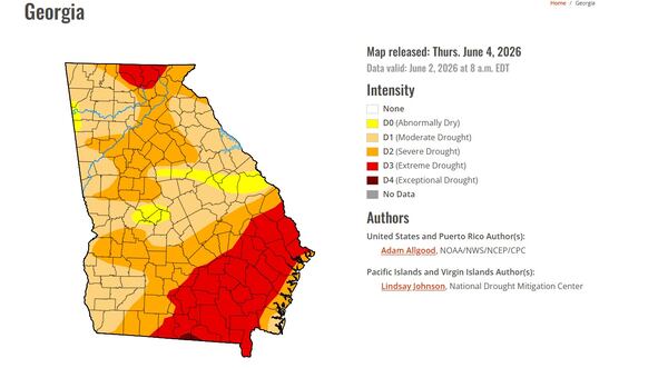 A map from the U.S. Drought Monitor showing the extent of the drought in Georgia. (Screenshot)