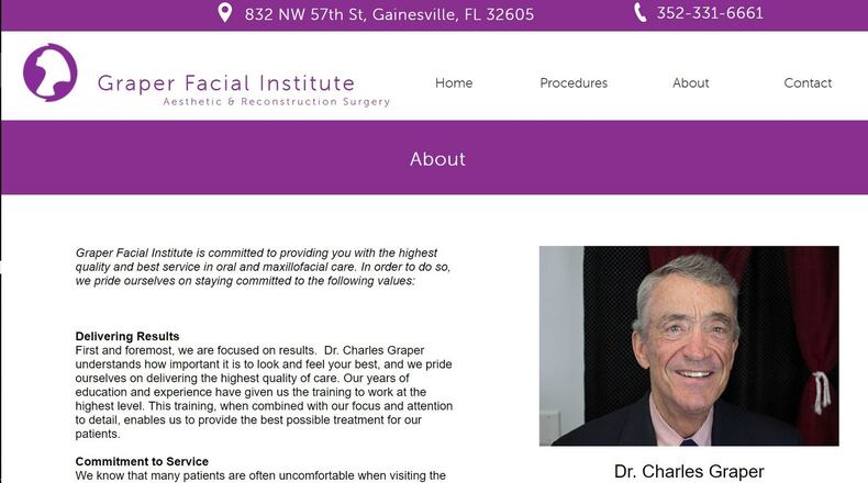 Dr. Charles Graper lost his Georgia dental and medical licenses, but he is still licensed in Florida and has had no disciplinary sanctions there. This is a webpage for his business.