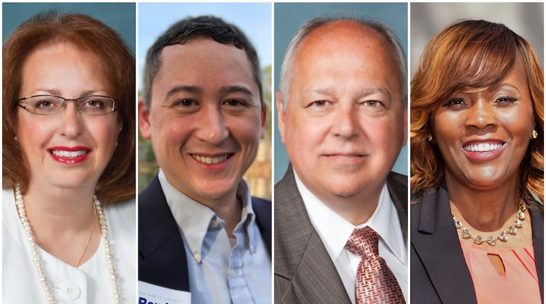 Republican incumbent Lynette Howard (left) and Democrat Ben Ku (center left) are vying for Gwinnett Commission District 2. Republican incumbent John Heard (center right) and Democrat Marlene Fosque (right) are vying for Gwinnett Commission District 4.