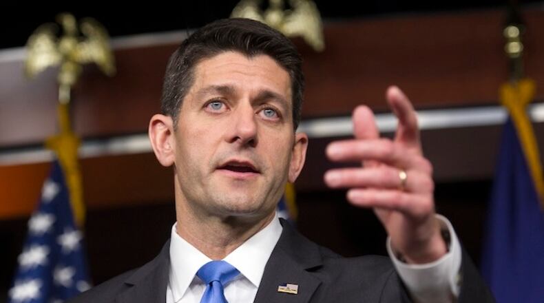 House Speaker Paul Ryan of Wis., speaks with reporters following his meeting with Republican presidential candidate Donald Trump on Capitol Hill in Washington, Thursday, May 12, 2016. (AP Photo/Cliff Owen)
