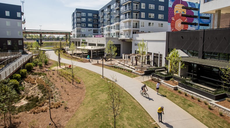 Out and about on the Atlanta Beltline near the skatepark on March 27, 2020, people seemed to be keeping appropriate social distance. The Beltline’s CEO said the trails should be used as a “transportation corridor” for people who need to go to work, get groceries, medical supplies and services — not for recreation for the cabin fevered — as the coronavirus continued to upend everyday life. (Jenni Girtman for The Atlanta Journal-Constitution)