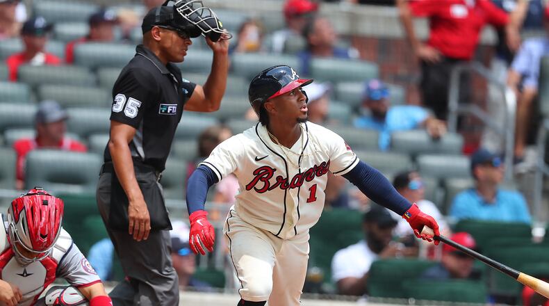 Braves second baseman Ozzie Albies hits a two-run home run to score Max Fried and give Atlanta a 2-0 lead over the Washington Nationals during the third inning Sunday, Aug. 8, 2021, at Truist Park in Atlanta. (Curtis Compton / Curtis.Compton@ajc.com)
