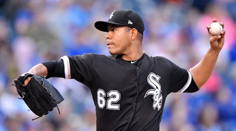 Chicago White Sox pitcher Jose Quintana throws in the first inning against the Kansas City Royals at Kauffman Stadium in Kansas City, Mo., on Tuesday, May 2, 2017. Quintana has been traded to the Chicago Cubs for four prospects (John Sleezer/Kansas City Star/TNS)