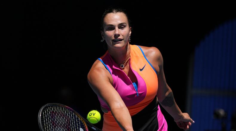Aryna Sabalenka of Belarus plays a forehand return to Iva Jovic of the U.S. during their quarterfinal match at the Australian Open tennis championship in Melbourne, Australia, Tuesday, Jan. 27, 2026. (AP Photo/Dar Yasin)