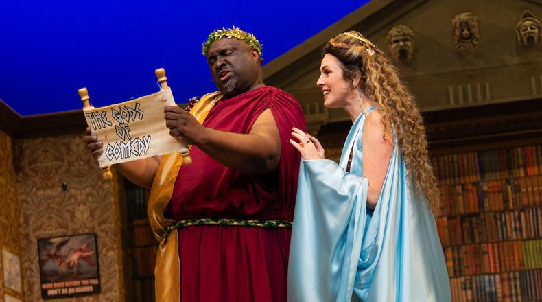 Brad Raymond and Kate Fahrner play the titular comedic gods -- complete with unconventional methods and logic -- in Aurora Theatre's production of "The Gods of Comedy."