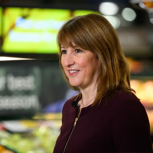 British Chancellor of the Exchequer Rachel Reeves speaks to the media during a visit to a branch of the Tesco supermarket chain in London, Wednesday Nov. 19, 2025 in. (Leon Neal/Pool Photo via AP)