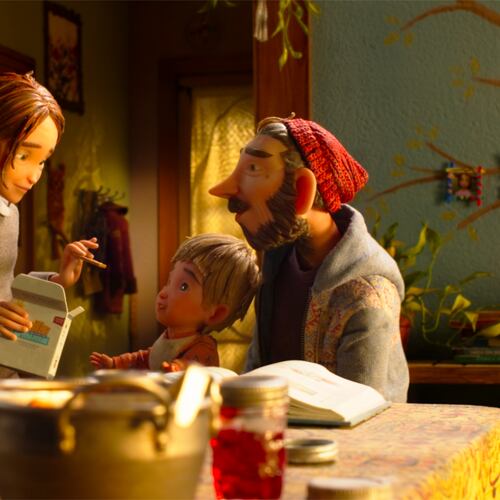 This image released by LAIKA Studios shows characters, from left, Prue McKeel, voiced by Peyton Elizabeth Lee, Mac, voiced by Arthur Knight, and Mr. McKeel, voiced by Jake Johnson, in a scene from the film "Wildwood." (LAIKA Studios via AP)