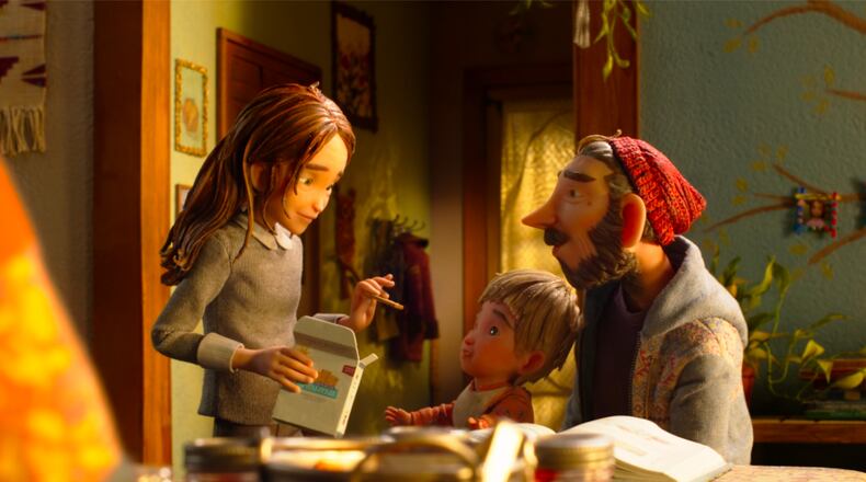This image released by LAIKA Studios shows characters, from left, Prue McKeel, voiced by Peyton Elizabeth Lee, Mac, voiced by Arthur Knight, and Mr. McKeel, voiced by Jake Johnson, in a scene from the film "Wildwood." (LAIKA Studios via AP)