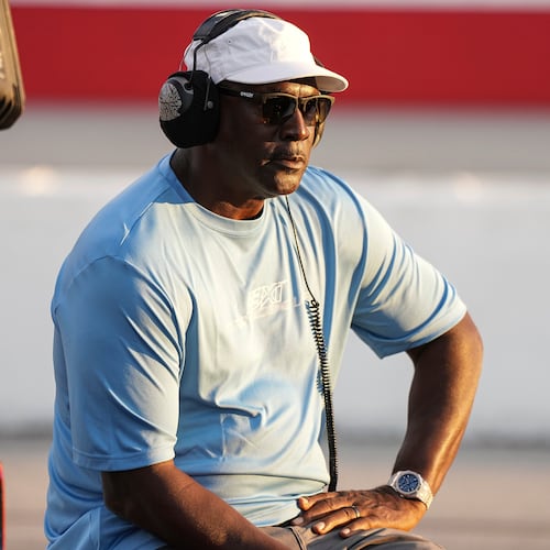 FILE - Team owner Michael Jordan looks on during a NASCAR Cup Series auto race at Darlington Raceway, Aug. 31, 2025, in Darlington, S.C. (AP Photo/Matt Kelley, File)