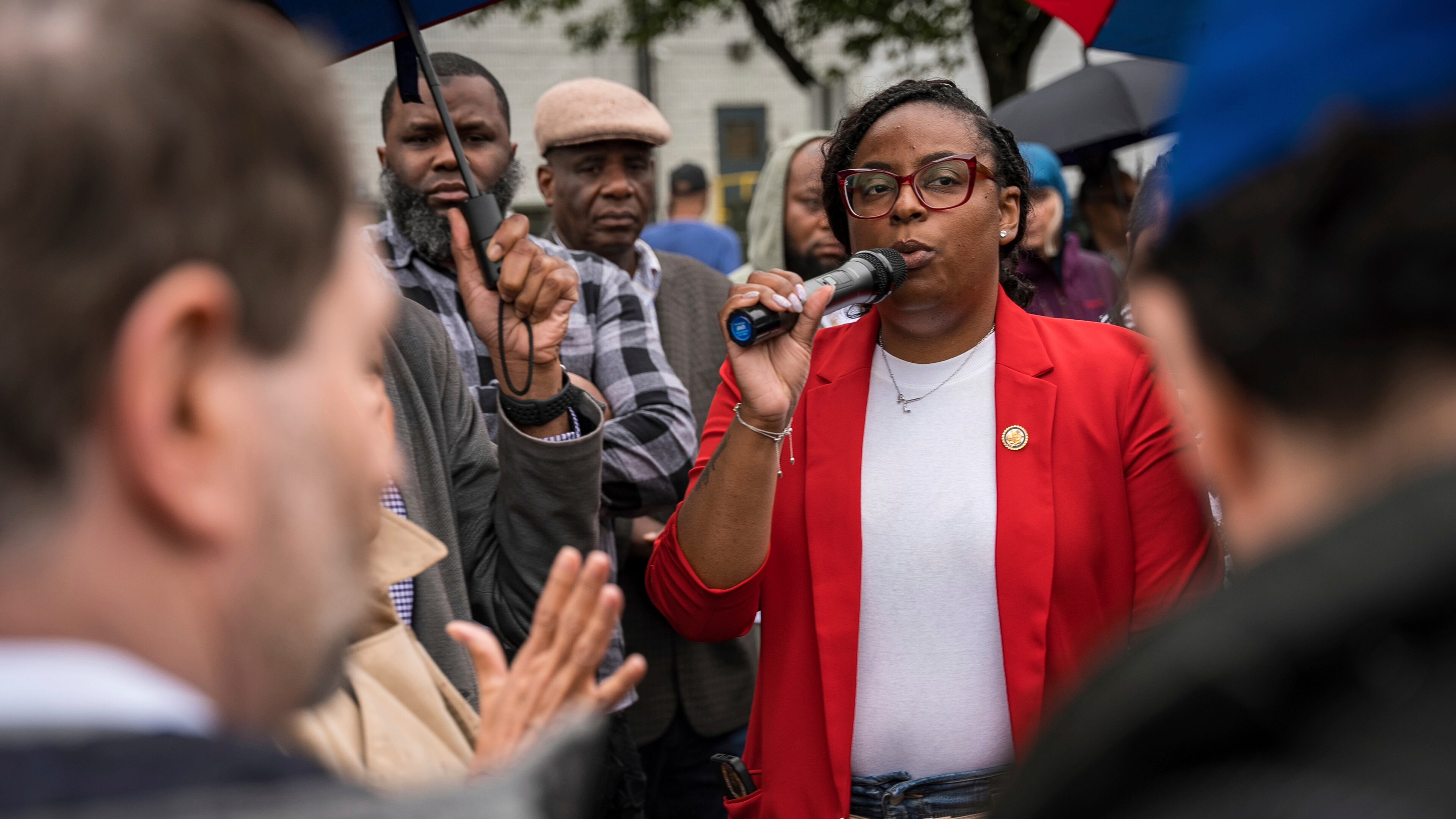 FILE - Rep. LaMonica McIver, D-N.J., demands the release of Newark Mayor Ras Baraka after his arrest while protesting outside of Delaney Hall ICE detention facility, May 9, 2025, in Newark, N.J. (AP Photo/Angelina Katsanis, File)