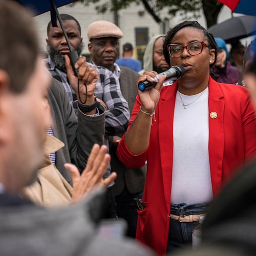 FILE - Rep. LaMonica McIver, D-N.J., demands the release of Newark Mayor Ras Baraka after his arrest while protesting outside of Delaney Hall ICE detention facility, May 9, 2025, in Newark, N.J. (AP Photo/Angelina Katsanis, File)