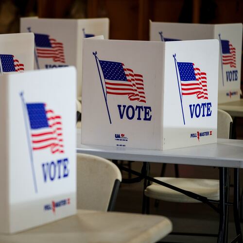 FILE- Voting booths are set up at a polling place in Newtown, Pa, April 23, 2024. (AP Photo/Matt Rourke, File)