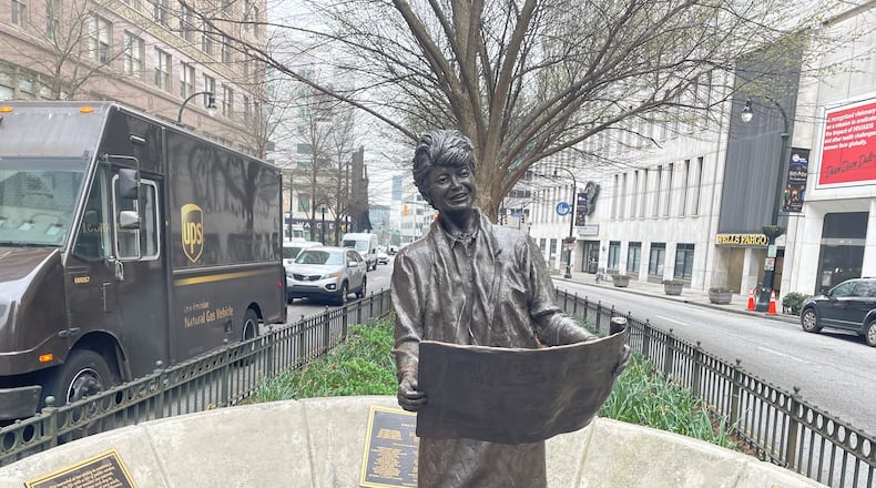 The greenway of Marietta Street is now known as Barbara Asher Square, where a bronze statue of the late Barbara Asher, an influential member of the Atlanta City Council who served for several terms, stands. (Nedra Rhone / Nedra.Rhone@ajc.com)