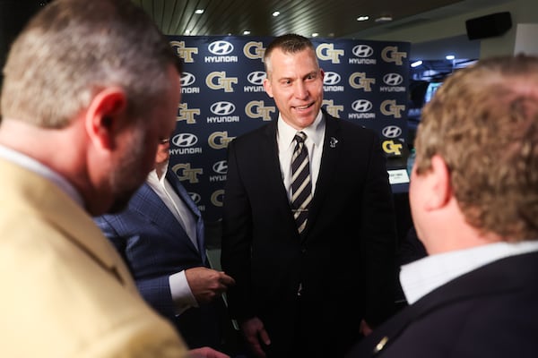 Georgia Tech Men’s Basketball Coach Scott Cross talks after his introductory press conference at the Callaway Club at McCamish Pavilion in Atlanta on Monday, March 23, 2026. (Abbey Cutrer/AJC)