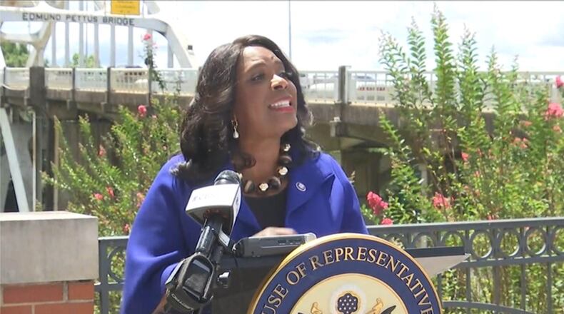 U.S. Rep. Terri Sewell, a Democrat from Alabama, unveiled the latest version of the John Lewis Voting Rights Advancement Act on Tuesday, during an event at the foot of the Edmund Pettus Bridge in Selma. The bill would reinstate federal review of changes to election laws in Georgia and several other states. Screenshot via CBS 42 livestream.