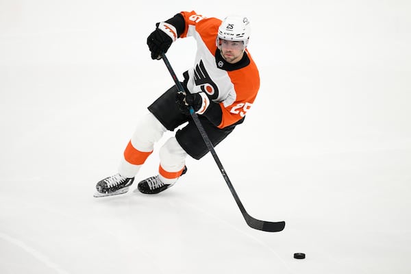 FILE - Philadelphia Flyers center Ryan Poehling (25) in action during the third period of an NHL hockey game against the Washington Capitals, Thursday, March 20, 2025, in Washington. (AP Photo/Nick Wass, file)