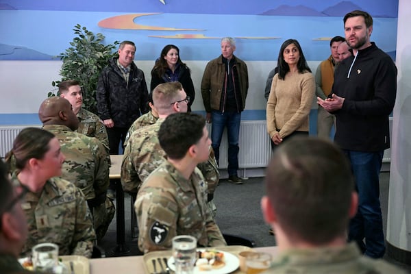 Vice President JD Vance, from right, and second lady Usha Vance speak with soldiers at Pituffik Space Base in Greenland, Friday, March 28, 2025. (Jim Watson/Pool via AP)