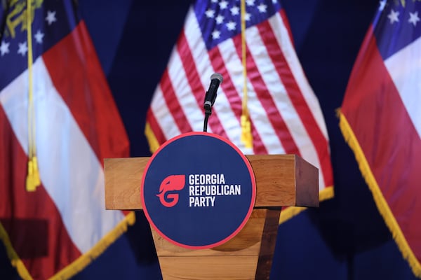 The podium is shown before the start of the Georgia GOP election night watch party at the Grand Hyatt Hotel Buckhead, Tuesday, Nov. 5, 2024, in Atlanta. (Jason Getz/AJC)
