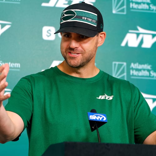 FILE - New York Jets offensive coordinator Tanner Engstrand answers questions from media at NFL minicamp football, June 11, 2025, in Florham Park, N.J. (AP Photo/Noah K. Murray, File)