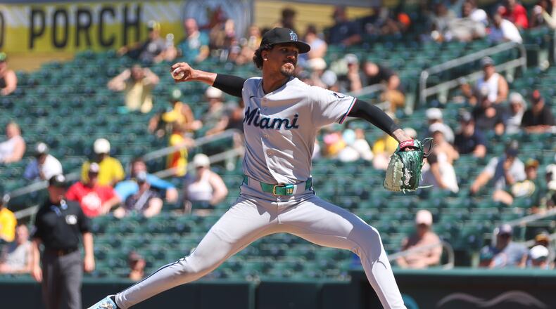 Miami Marlins pitcher Eury Pérez throws to an Athletics batter during the sixth inning of a baseball game Sunday, July 5, 2026, in West Sacramento, Calif. (AP Photo/Scott Marshall)