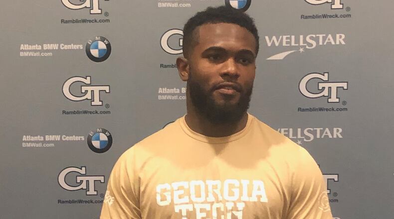 Georgia Tech linebacker Bruce Jordan-Swilling speaks with media following preseason practice August 2, 2019. (Mike Flynn/Georgia Tech Athletics)