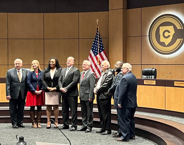 The Cobb County Board of Education welcomed new members Becky Sayler (second from left) and Nichelle Davis (third from left) at its first meeting of 2023 on Thursday, Jan. 5. (Cassidy Alexander / Cassidy.Alexander@ajc.com)