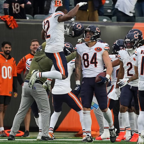 Chicago Bears tight end Colston Loveland (84) celebrates his touchdown during the first half of an NFL football game against the Cincinnati Bengals, Sunday, Nov. 2, 2025, in Cincinnati. (AP Photo/Joshua A. Bickel)