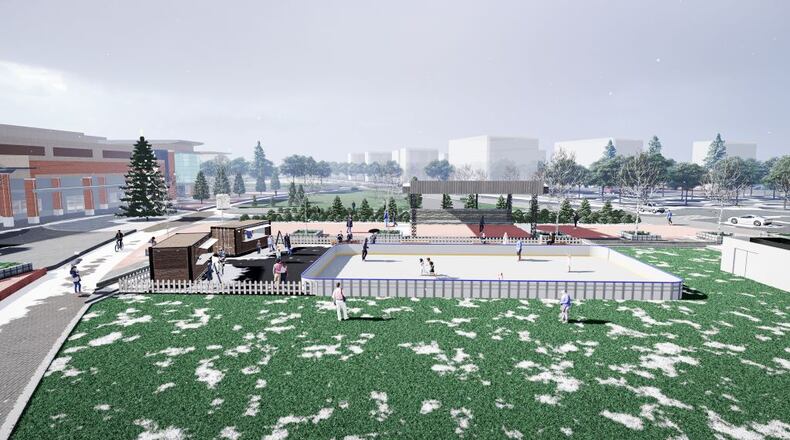 This rendering shows the size and location of the new ice rink coming to Sparkle Village at City Springs beginning Nov. 24. (Courtesy Skate City Springs)